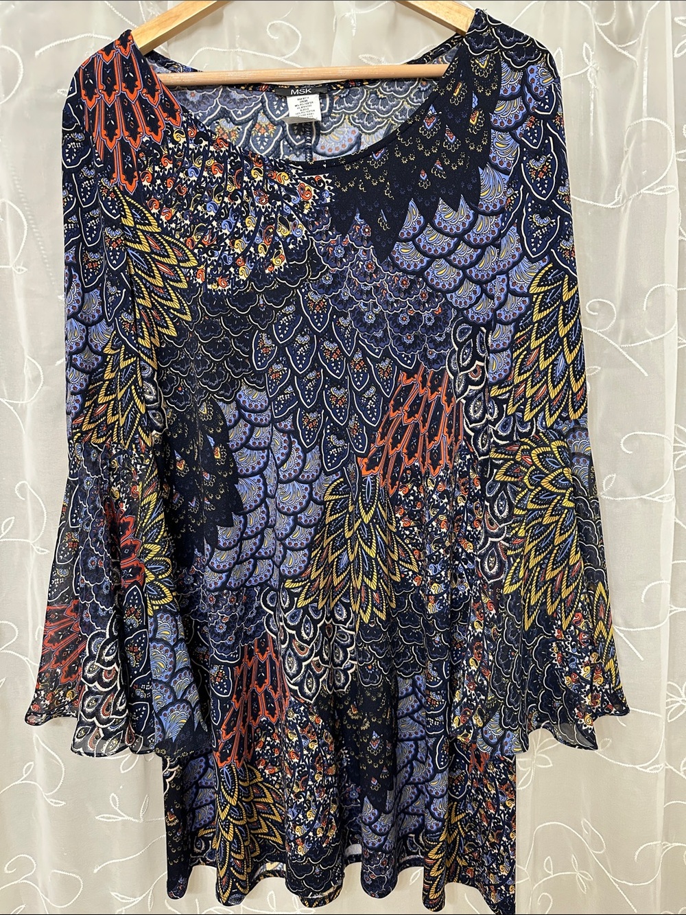 MSK Navy Multicolor Printed Long-Sleeve Bell-Sleeve Dress